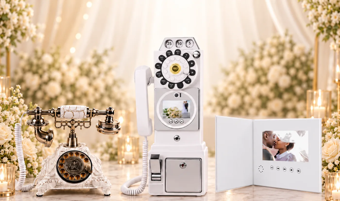 Téléphone ancien, téléphone à pièces rétro à écran et livre vidéo ouvert, trois livres d'or dans un décor fleuri aux bougies