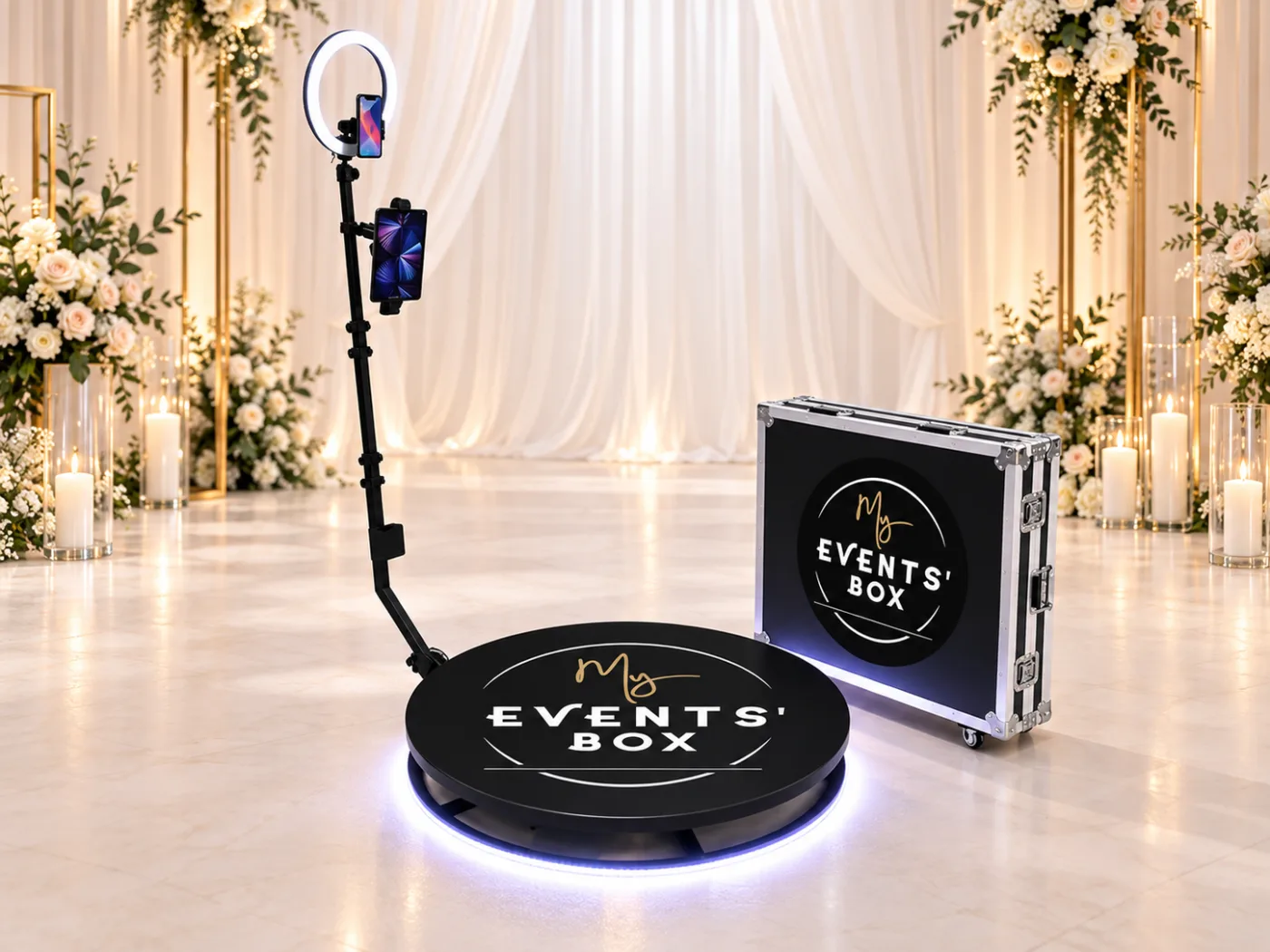 Plateau vidéo 360° My Events Box, sa perche à anneau lumineux et sa valise de transport dans un décor de mariage