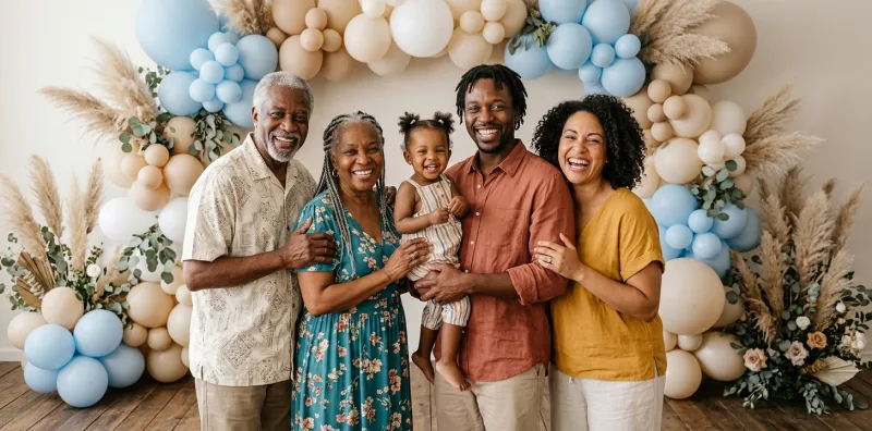 Famille de trois générations réunie devant une arche de ballons pastel