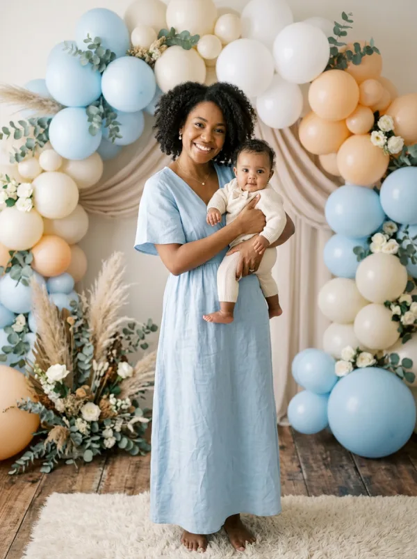 Exemple d'habillage baptême : mère et bébé devant une arche de ballons pastel