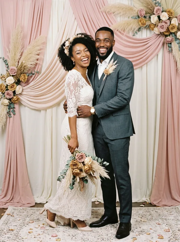Exemple d'habillage mariage : couple posant devant un décor drapé rose poudré et pampas