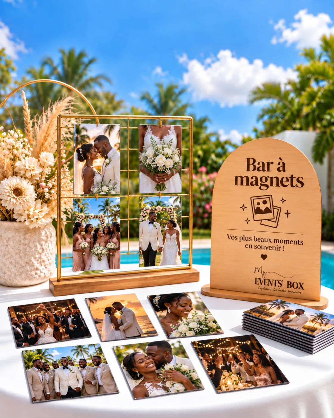 Bar à magnets sur une table au bord d'une piscine, présentoir doré, magnets photo de mariage et chevalet en bois