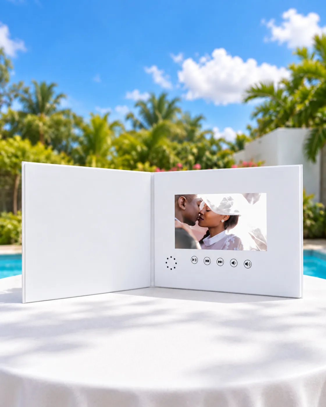 Love Book ouvert sur une table au bord d'une piscine, une brochure vidéo blanche dont l'écran montre un couple de mariés