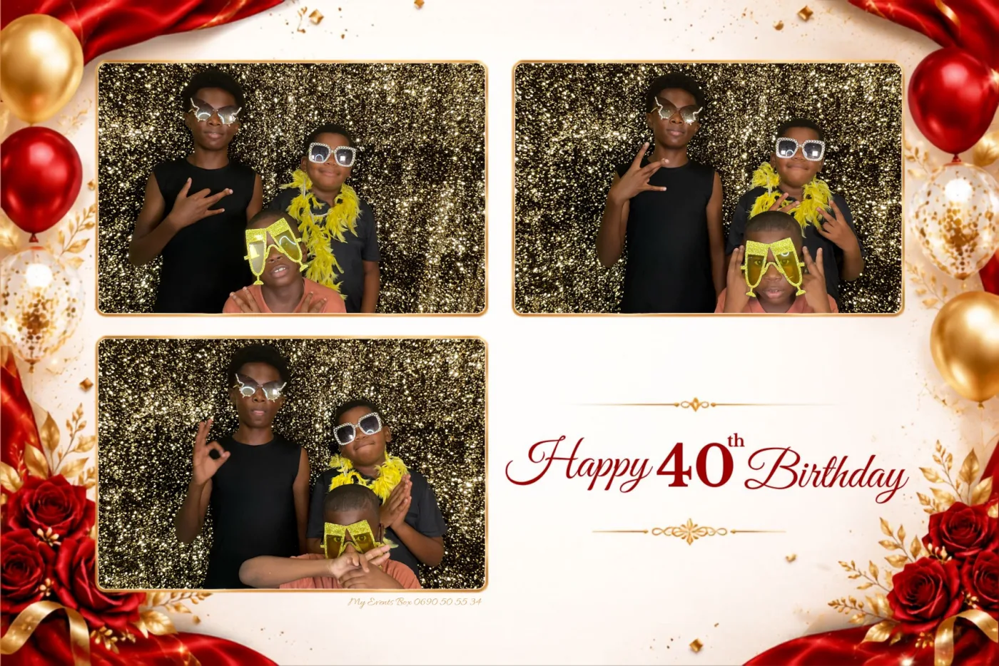 Planche anniversaire : deux invités posent avec boa jaune et lunettes de fête devant le fond à sequins