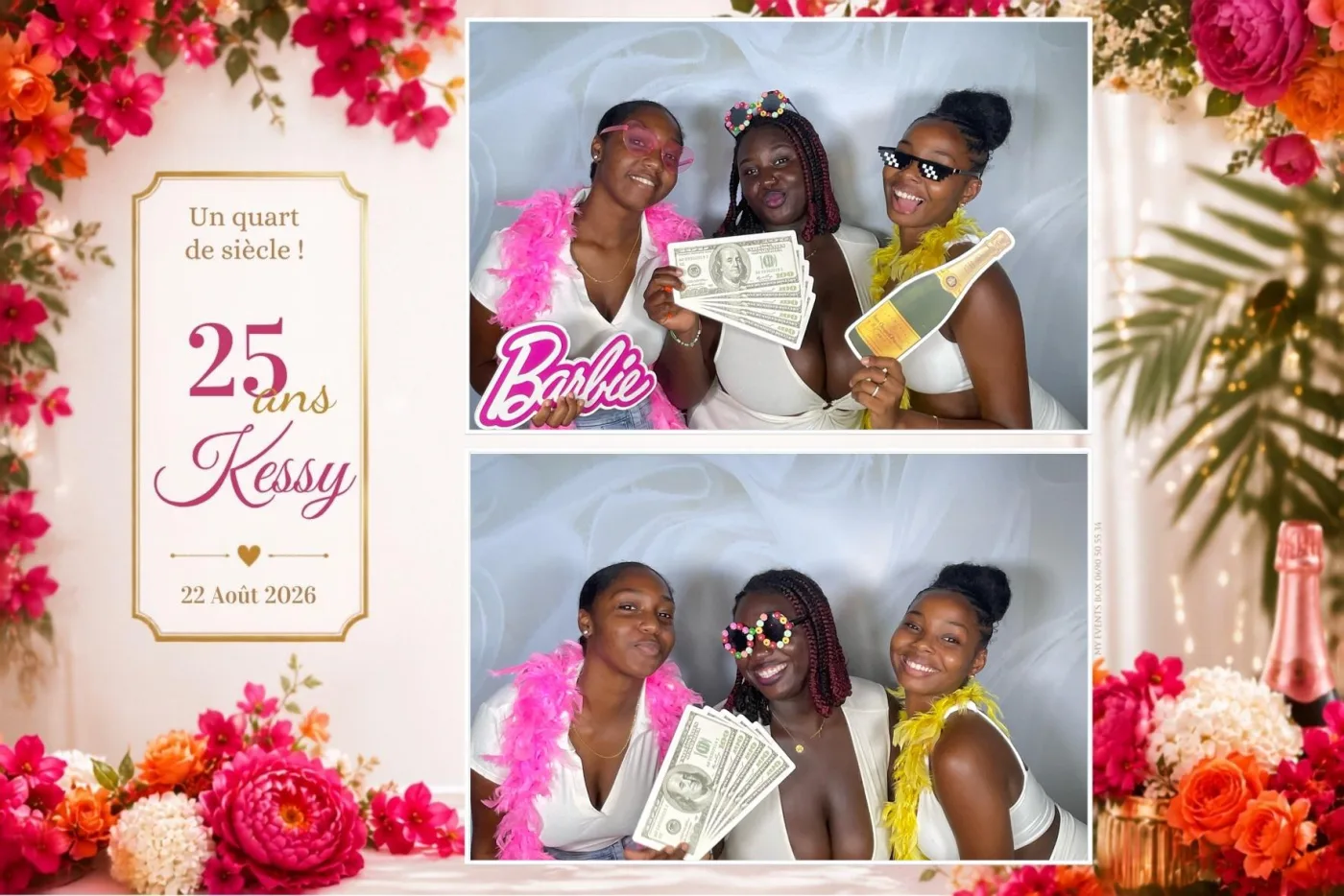 Planche anniversaire deux vues d'une fête des vingt-cinq ans, cadre de fleurs fuchsia et orange : trois invitées en blanc posent avec boas, faux billets et pancarte « Barbie »