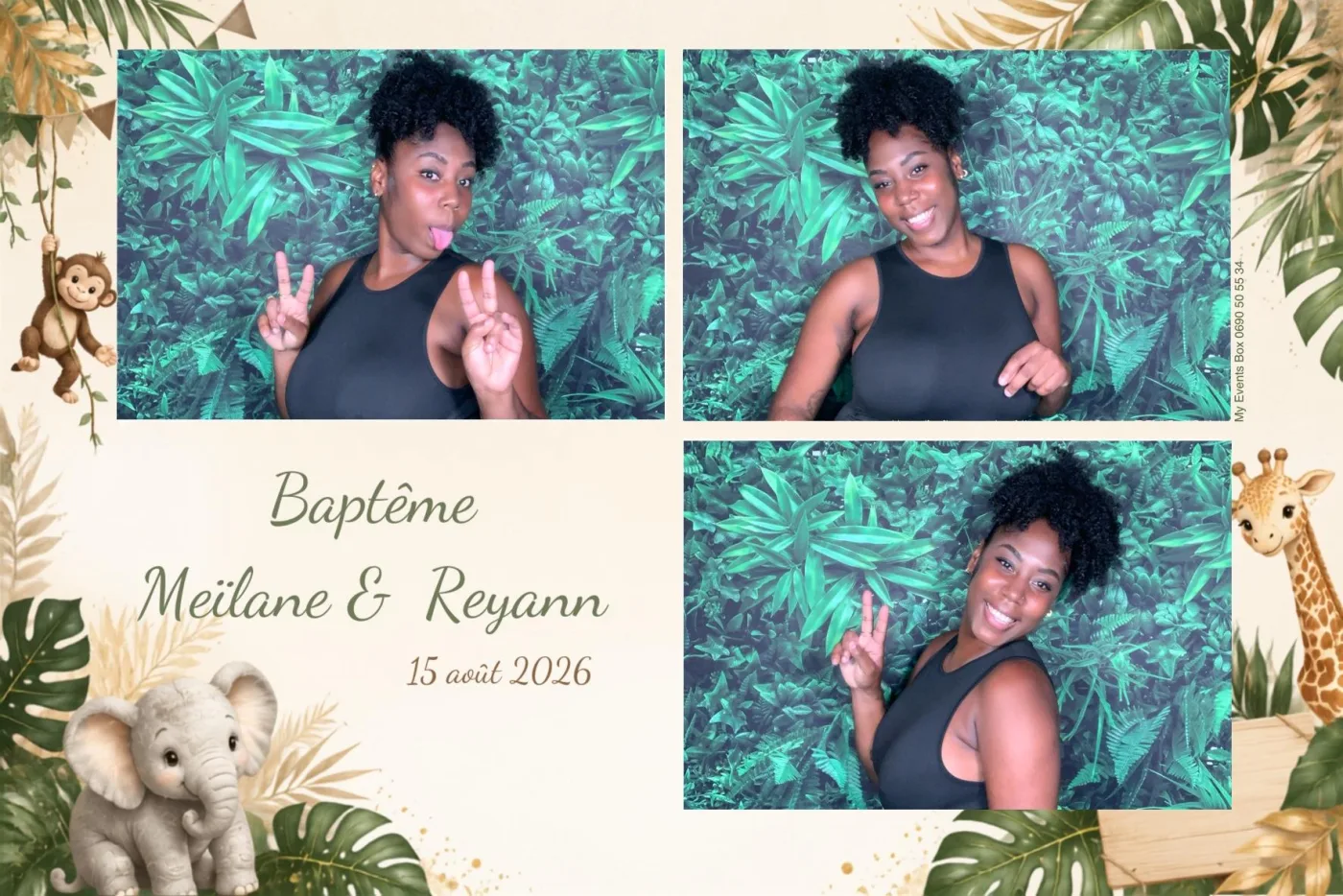 Planche de baptême trois vues au thème jungle, éléphanteau, girafe et singe : une invitée enchaîne les poses devant un mur végétal