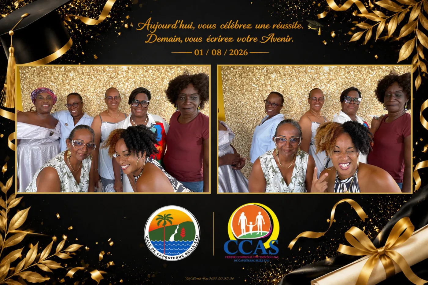 Cadre noir et or d'une cérémonie de remise de diplômes organisée par un CCAS guadeloupéen