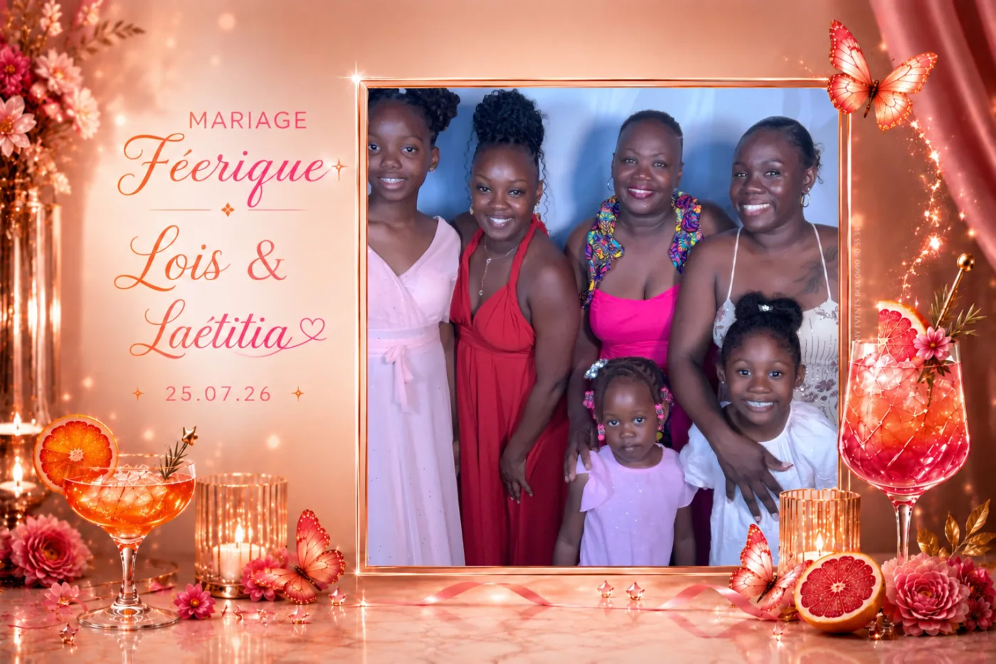 Tirage de mariage corail et agrumes : une famille de six personnes, adultes et enfants, devant le fond bleu de la borne
