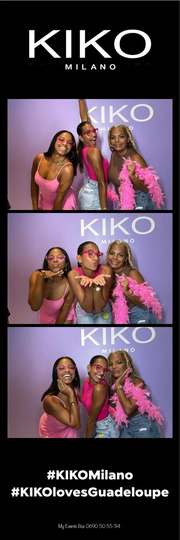 Bandelette de trois photos à l'habillage KIKO Milano, hashtags #KIKOMilano et #KIKOlovesGuadeloupe : trois invitées posent en rose devant le fond de marque